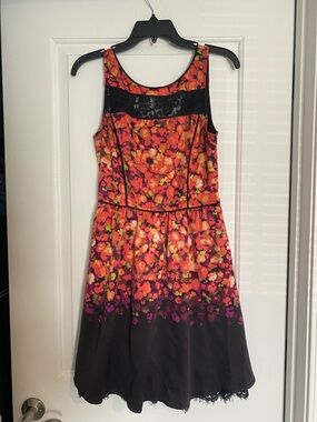 Jessica Simpson Orange Multi Floral Midi Dress with Black Lace Yoke Trim
